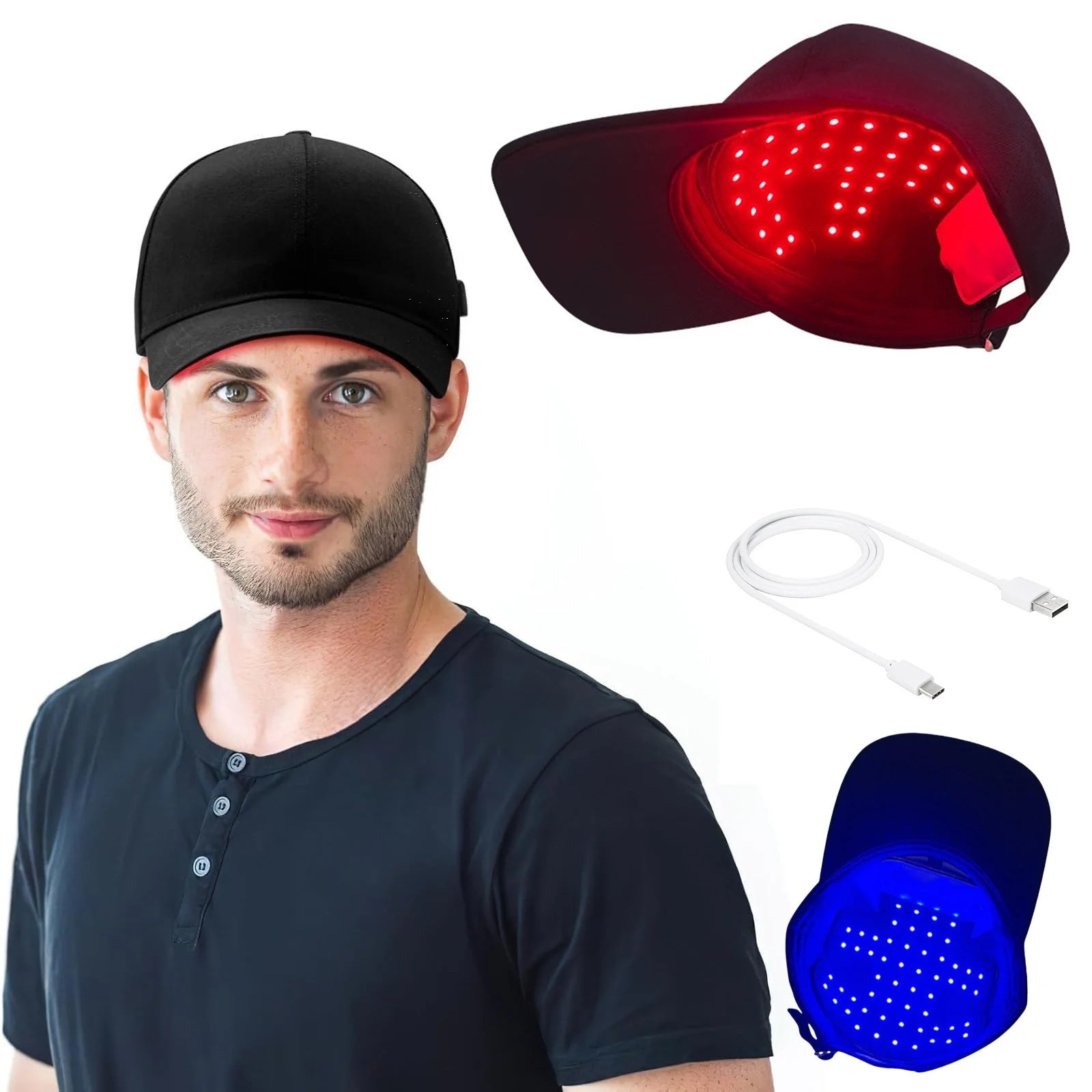 Man wearing a black cap with LED lights, including a close-up of the LED cap and USB cable on a white background.